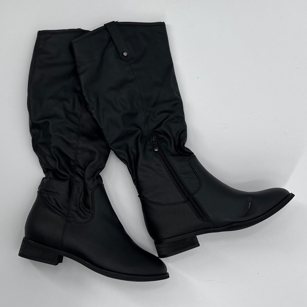 Black Faux Leather Slouchy Tall Riding Boots Womens Size 7 Flat Heel Zip Up‎